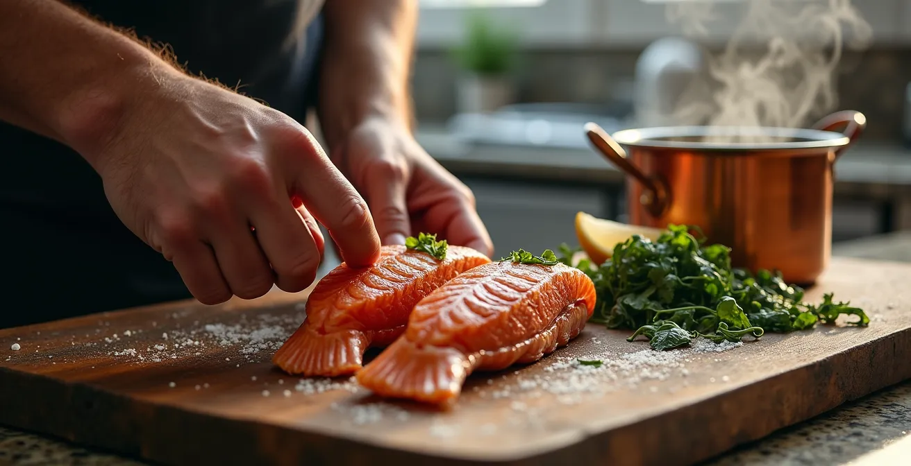 Mains de chef préparant des produits bretons locaux dans une cuisine de résidence