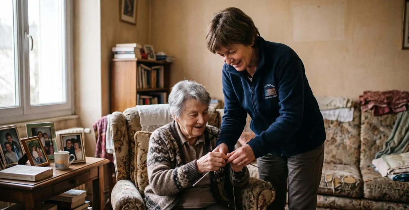 Volunteer from a charitable association assisting an elderly woman at home in France.