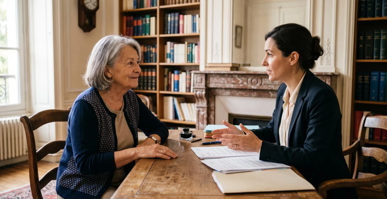 Senior woman meeting with professional advisor in a French notary office discussing legacy planning.