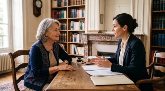 Senior woman meeting with professional advisor in a French notary office discussing legacy planning.