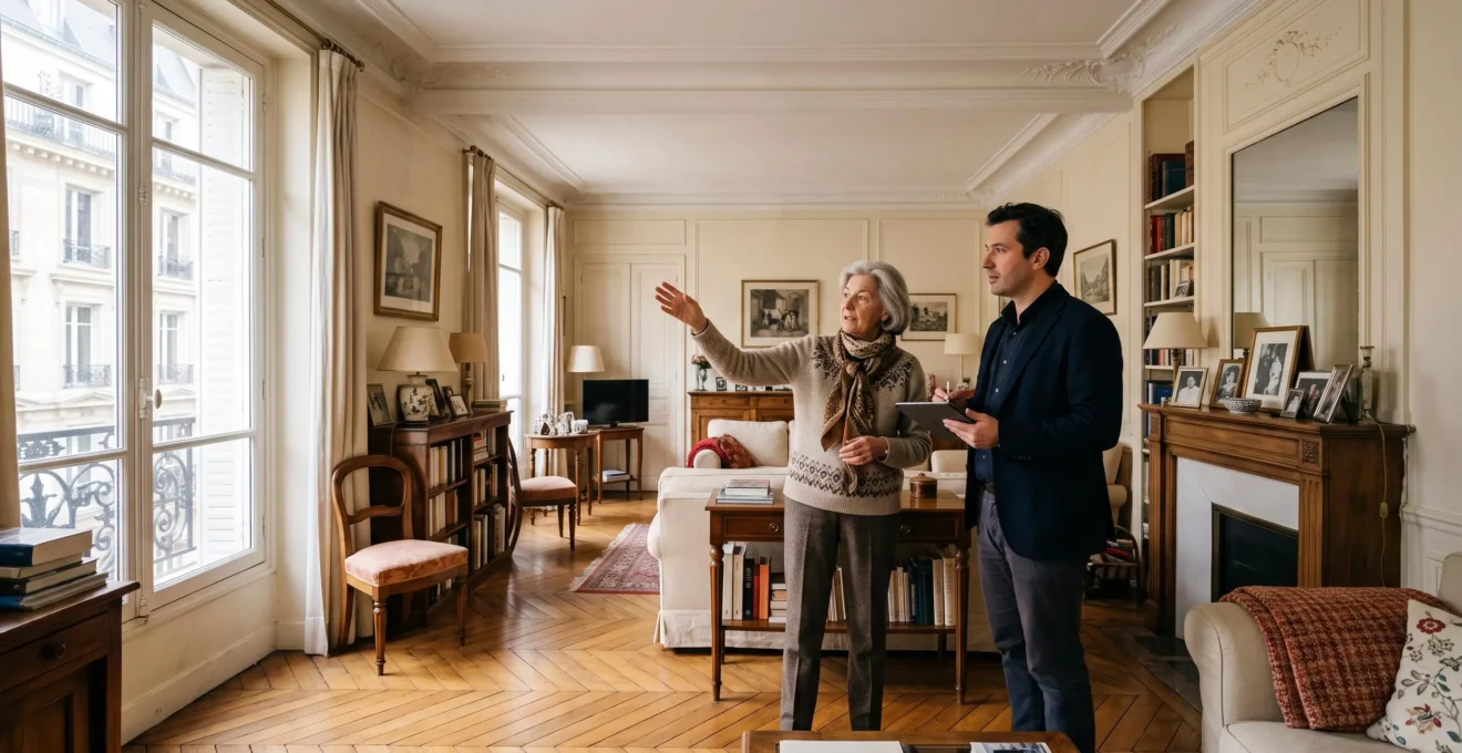 Professional assessor and senior property owner discussing apartment evaluation in a French interior.