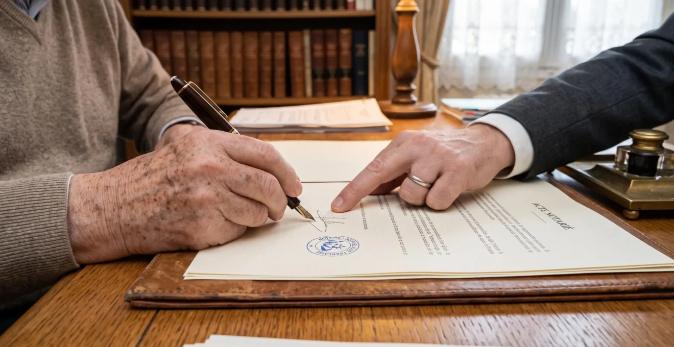 Senior person signing an official document at a notary's desk in France.